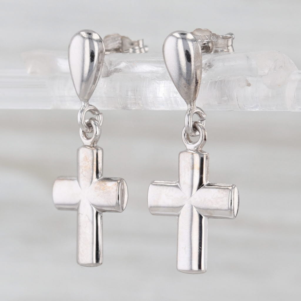 Cross Dangle Earrings 18k White Gold Pierced Drops
