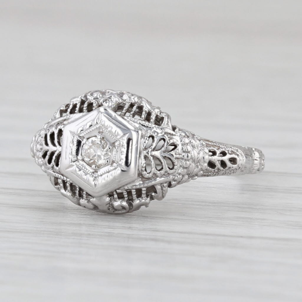 Art Deco Diamond Solitaire Filigree Ring 18k White Gold Size 6.5 Engagement