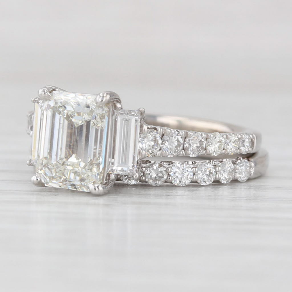 Light Gray 3.10ctw Emerald Cut Diamond Engagement Ring Wedding Band Set 14k Gold Size 7 GIA