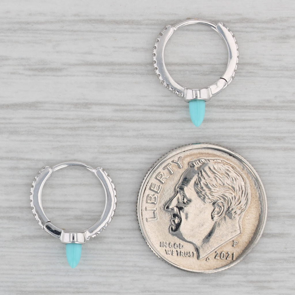 Gray New Turquoise Diamond Hoop Earrings 14k White Gold Huggie Hoops