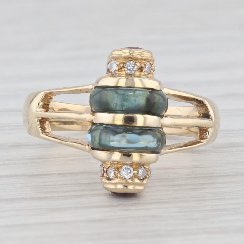 Light Gray London Blue Topaz Pink Tourmaline Diamond Ring 14k Yellow Gold Size 6