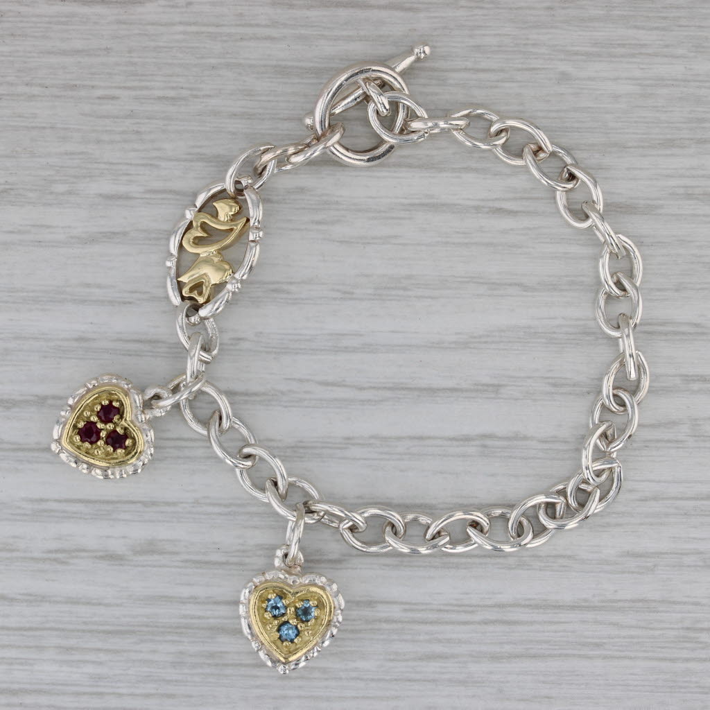 Dark Gray 0.36ctw Ruby Aquamarine Heart Charms Bracelet Sterling Silver 18k Gold 6.5"