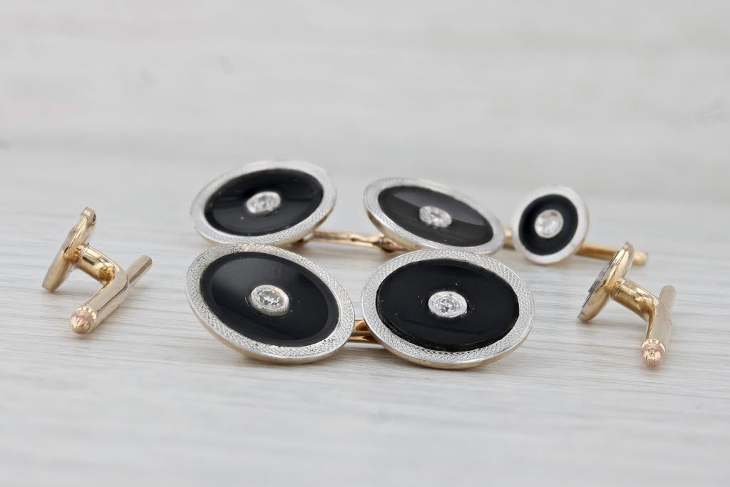 Light Gray 5 Piece Set Cufflinks Shirt Studs 14k Gold Platinum Onyx 0.21ctw Diamond