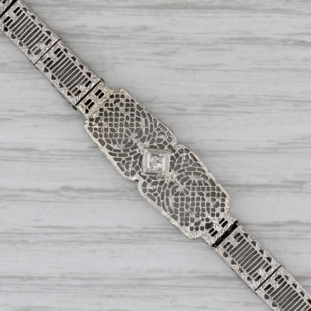 Gray Vintage Filigree Diamond Bracelet 10k White Gold 6"