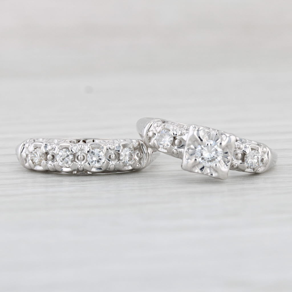 Light Gray Vintage 0.41ctw Diamond Engagement Ring Wedding Band Bridal Set 14k Gold Sz 6.25