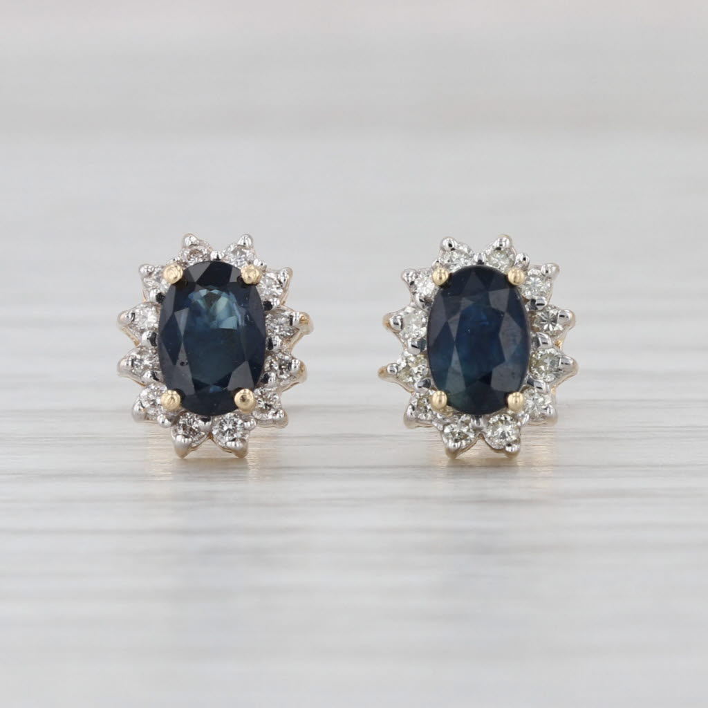 0.98ctw Oval Blue Sapphire Diamond Halo Stud Earrings 14k Yellow Gold Studs