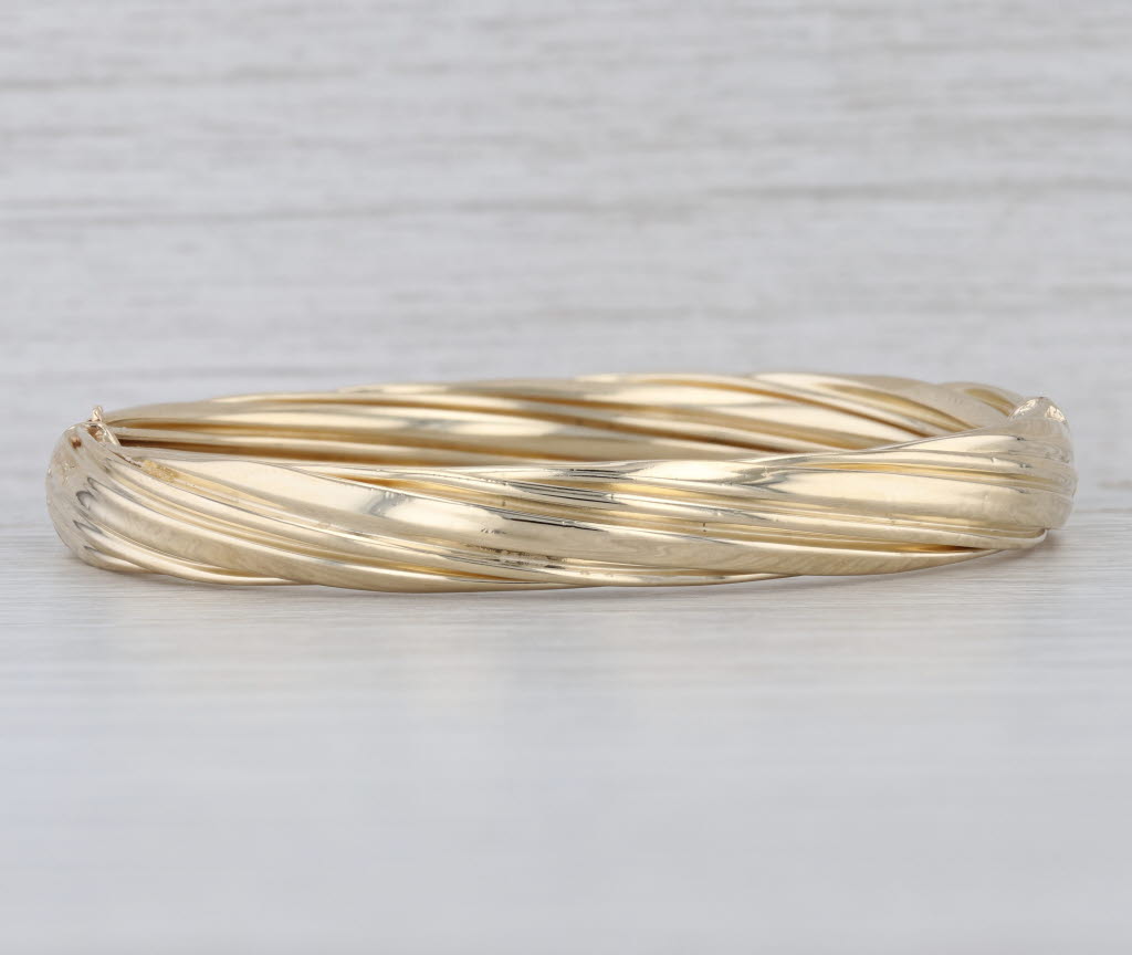 Twist Pattern Bangle Bracelet 14k Yellow Gold 7" 8mm Hinged Snap Clasp