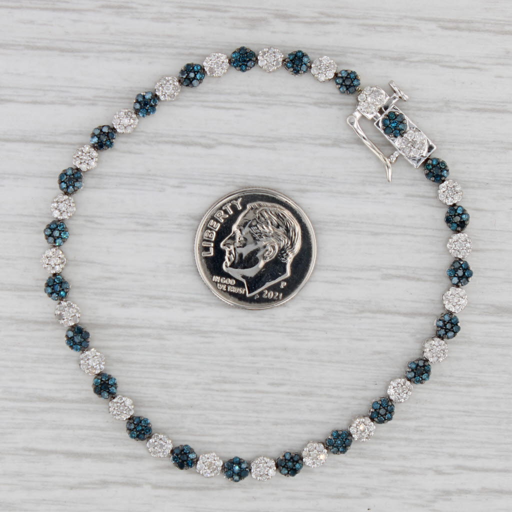 Gray 1.02ctw Blue White Diamond Flower Cluster Tennis Bracelet 10k White Gold 7"