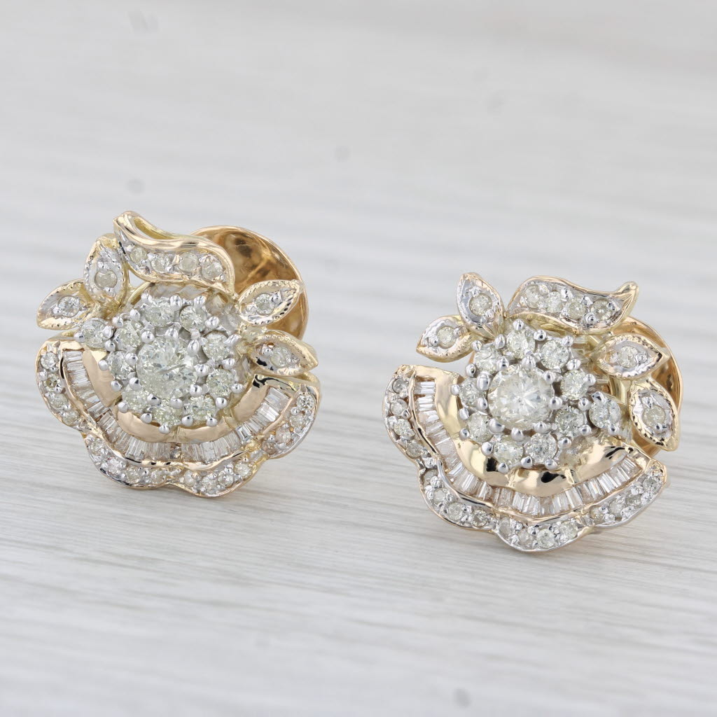 Light Gray 1.48ctw Diamond Flower Stud Statement Earrings 14k Yellow Gold