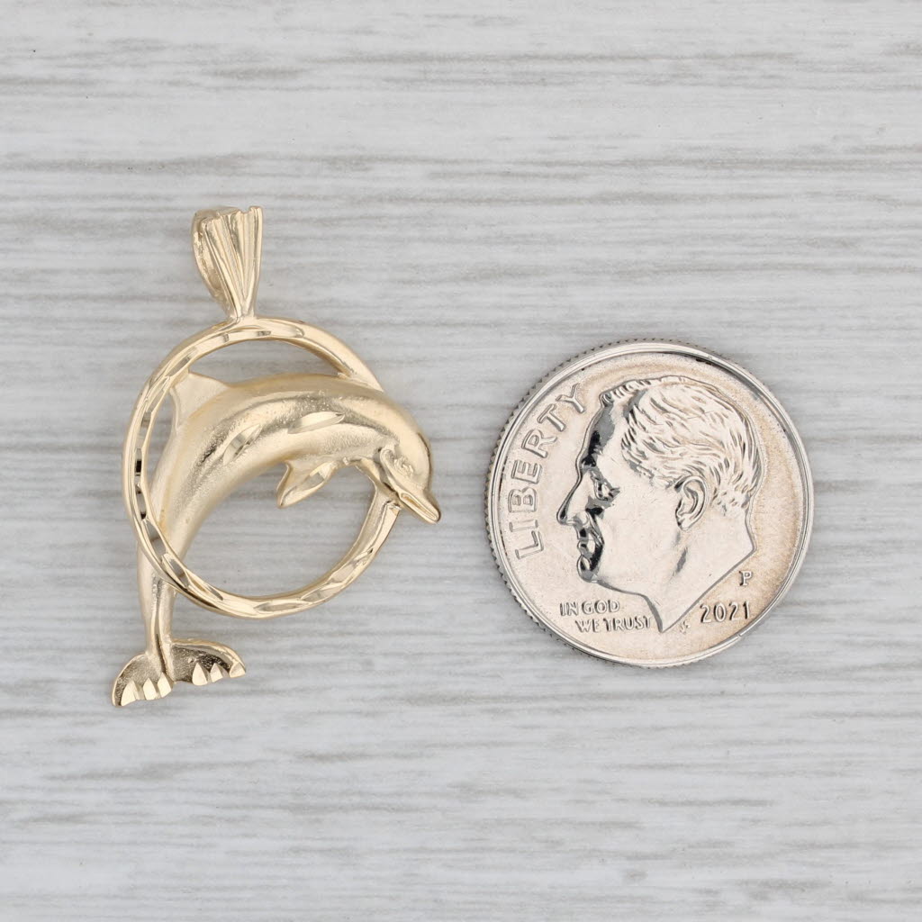 Gray Dolphin Hoop Pendant 14k Yellow Gold Nautical Jewelry