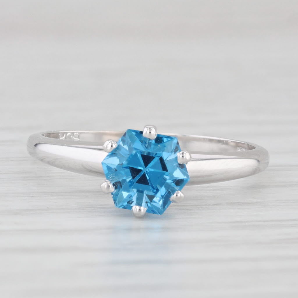 Light Gray 1.38ct Blue Topaz Hexagon Solitaire Ring 14k White Gold Size 6