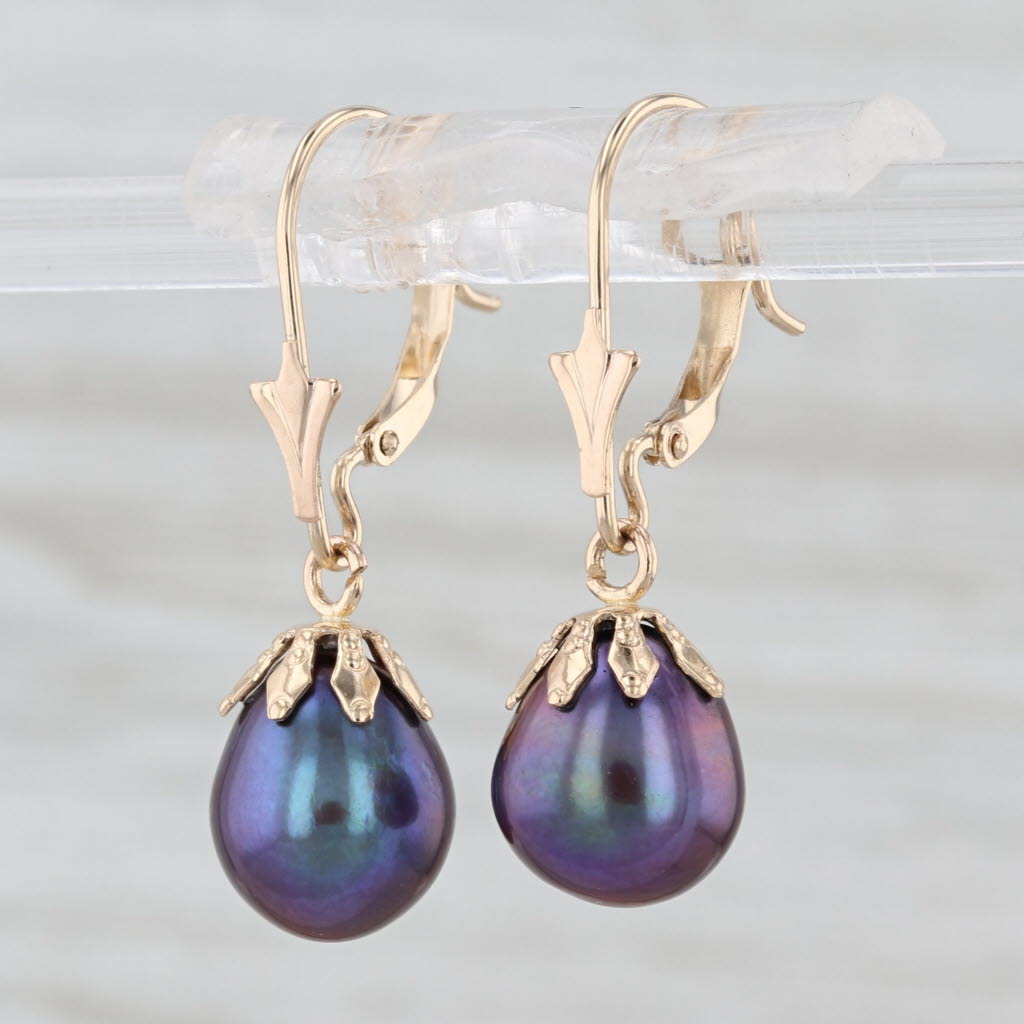 Cultured Black Pearl Drop Earrings 14k Yellow Gold Lever Backs