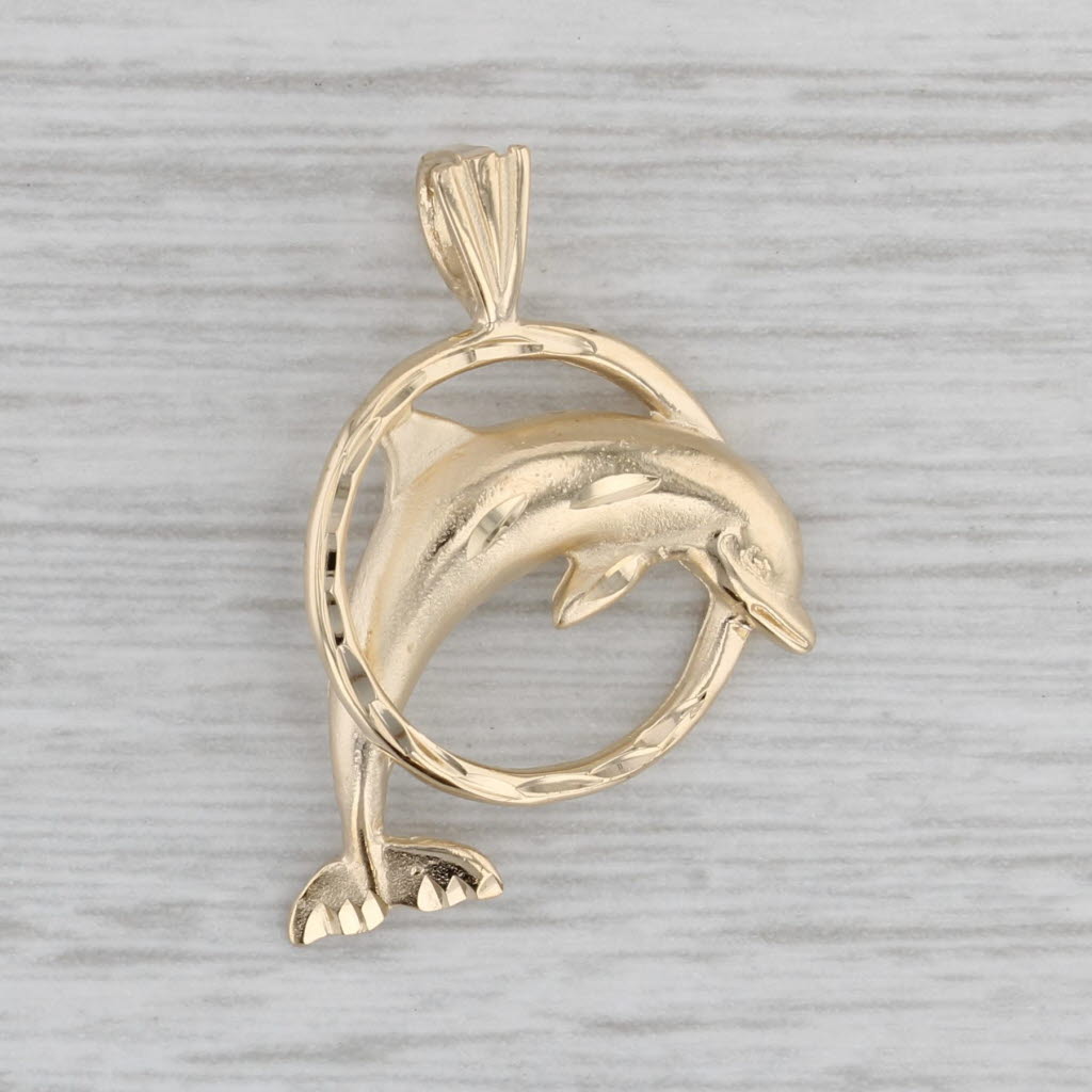 Gray Dolphin Hoop Pendant 14k Yellow Gold Nautical Jewelry