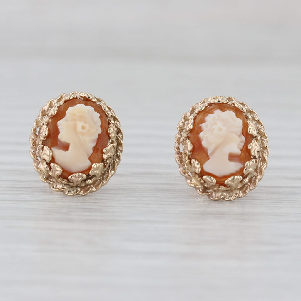 Vintage Carved Shell Cameo Stud Earrings 14k Yellow old Ornate Figural Studs