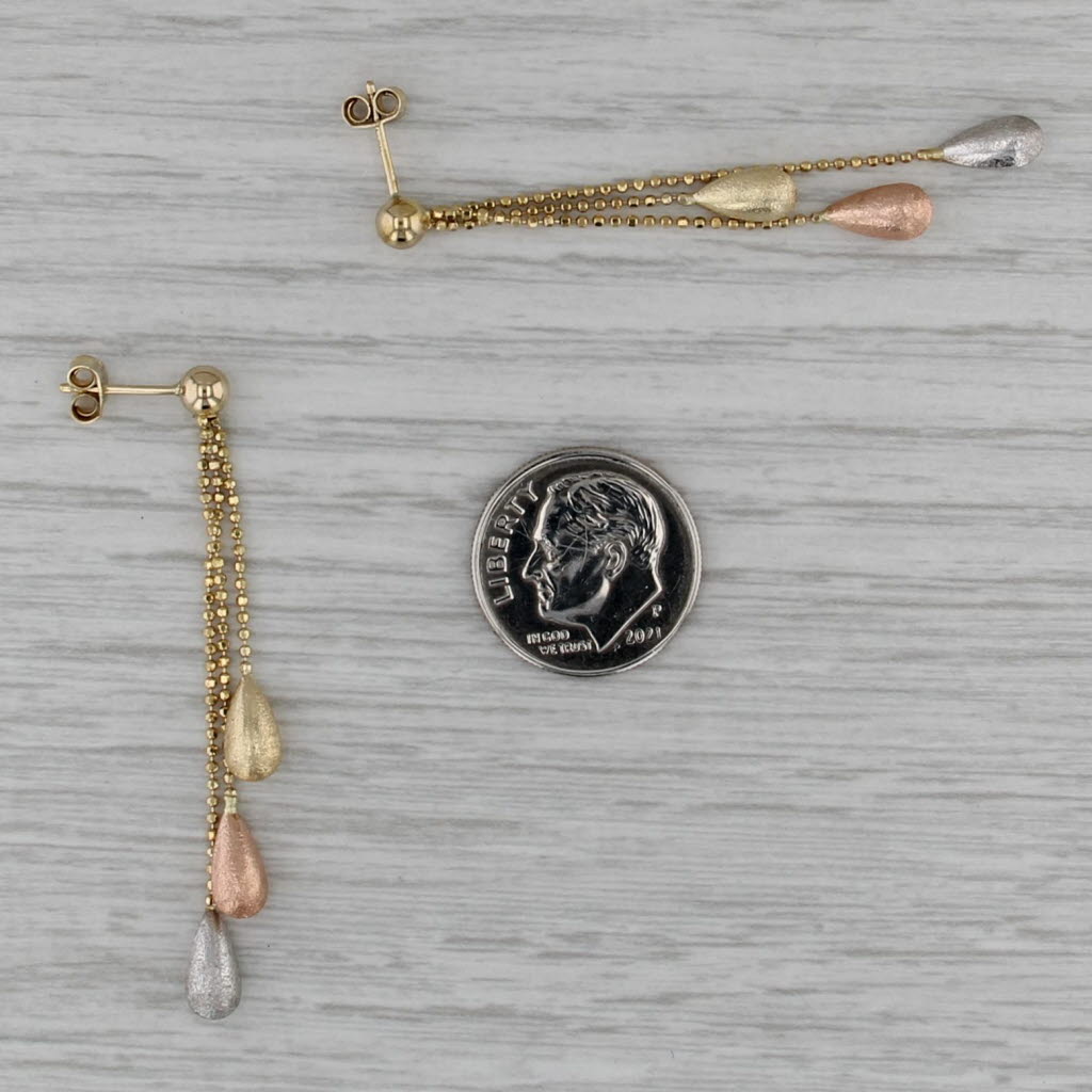 Tri-Toned Teardrop Chain Dangle Earrings 14k Yellow Rose White Gold Drops