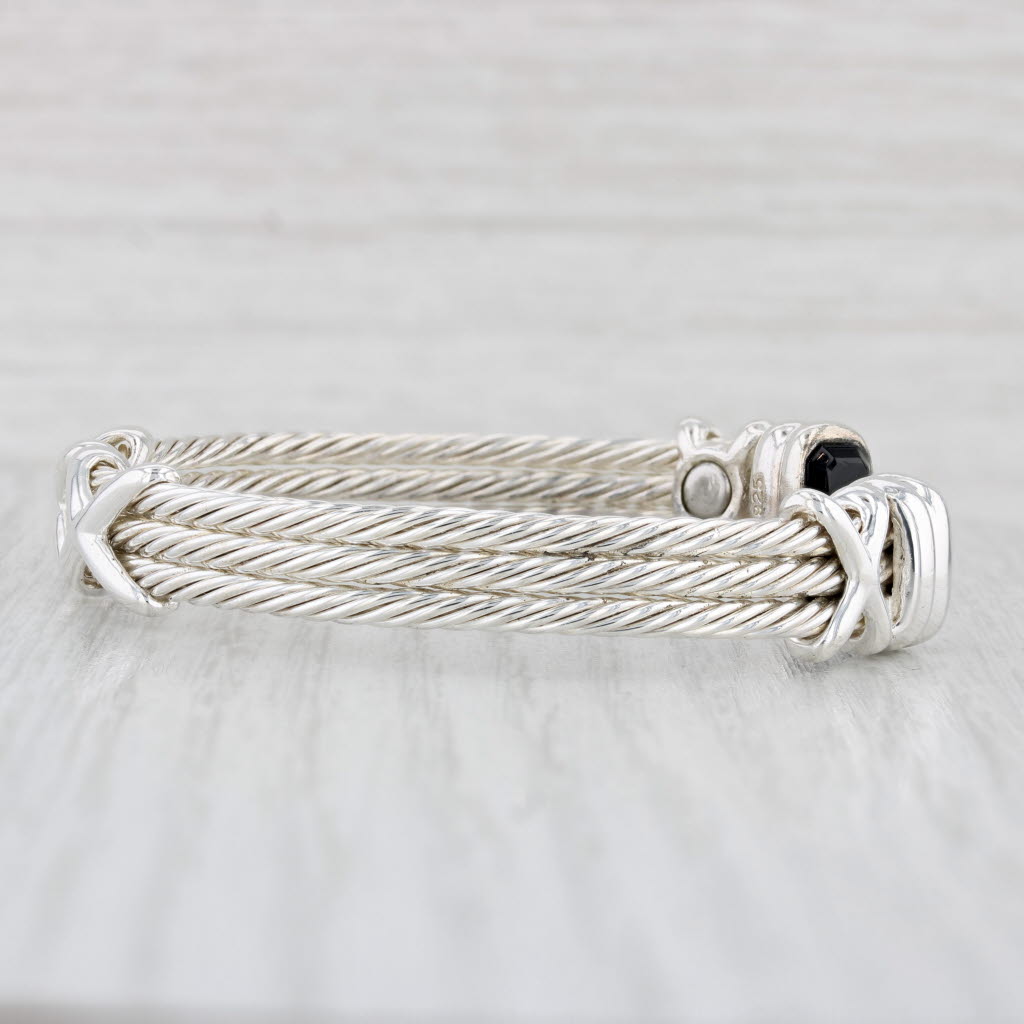 Light Gray Black Glass X Pattern Cuff Bracelet Sterling Silver 6.75"