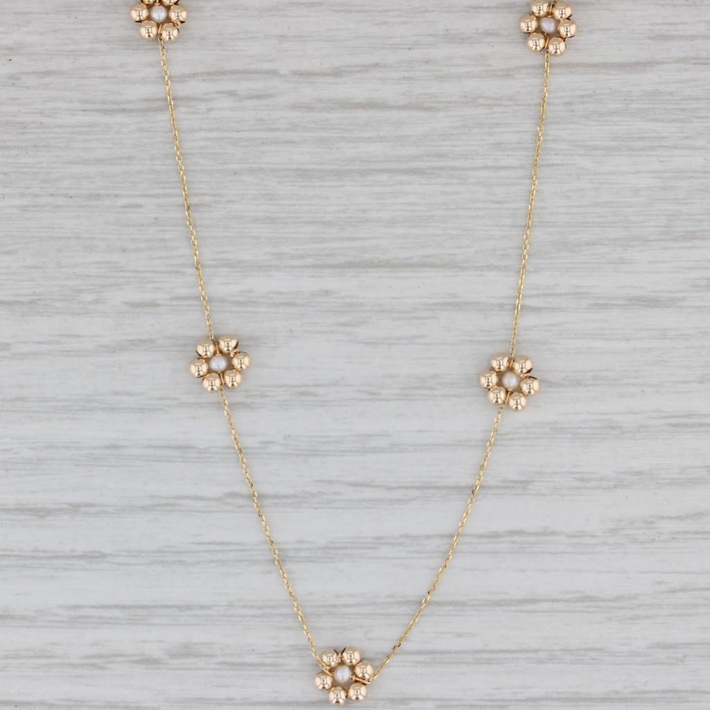 Gray Pearl Flower Station Necklace 14k Yellow Gold 17.5" Cable Chain