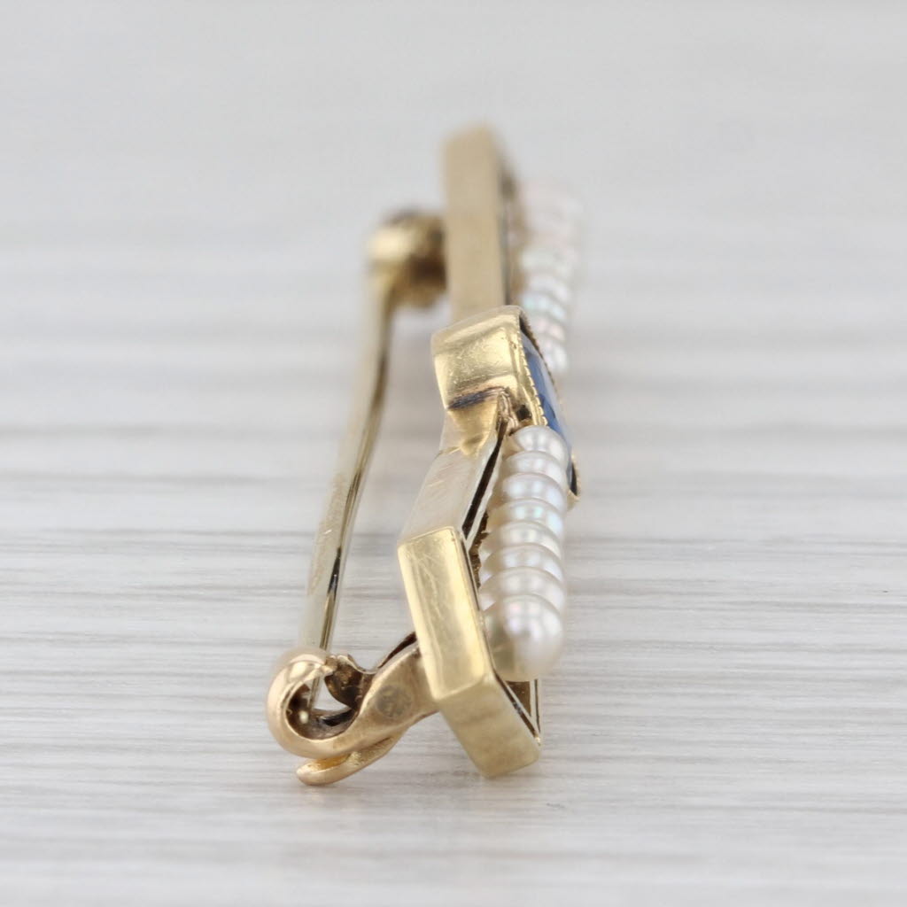 Vintage Lab Created Sapphire Pearl Bar Pin 14k Yellow Gold Brooch