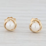 Round White Cultured Pearl Knot Stud Earrings 14k Yellow Gold