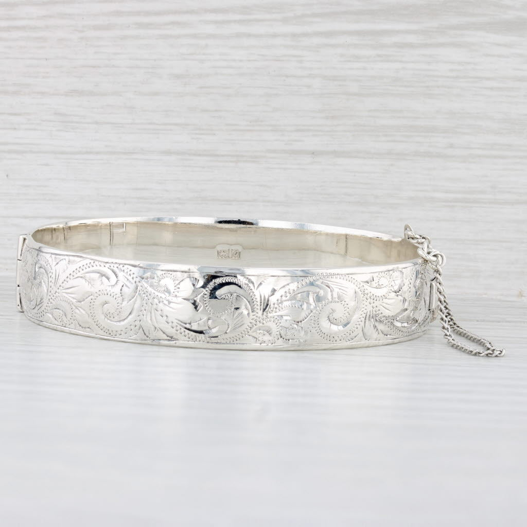 Light Gray Vintage Floral Etched Bangle Bracelet Sterling Silver Statement 7.5" Felicity