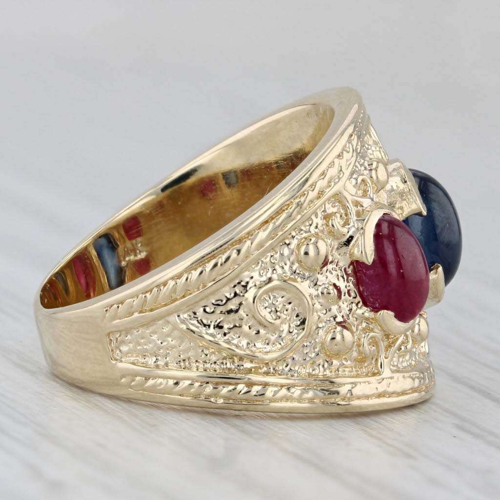 Gray Blue Sapphire Ruby Ring 14k Yellow Gold Size 7 Orange 3-Stone