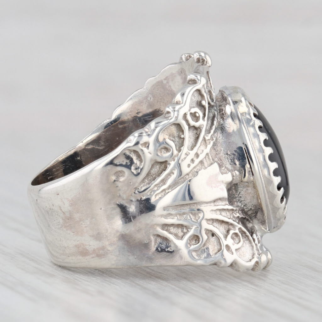 Light Gray Onyx Oval Cabochon Solitaire Statement Ring Sterling Silver Size 6 Ornate