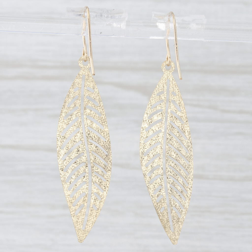 Light Gray Long Leaf Dangle Earrings 14K Yellow Gold Hook Posts
