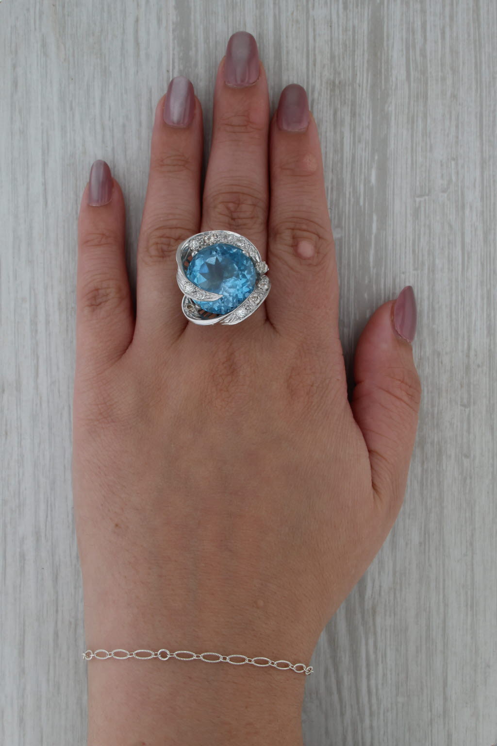 25.97ctw Aquamarine Diamond Swirl Cocktail Ring 10k-13.5 White Gold Size 8