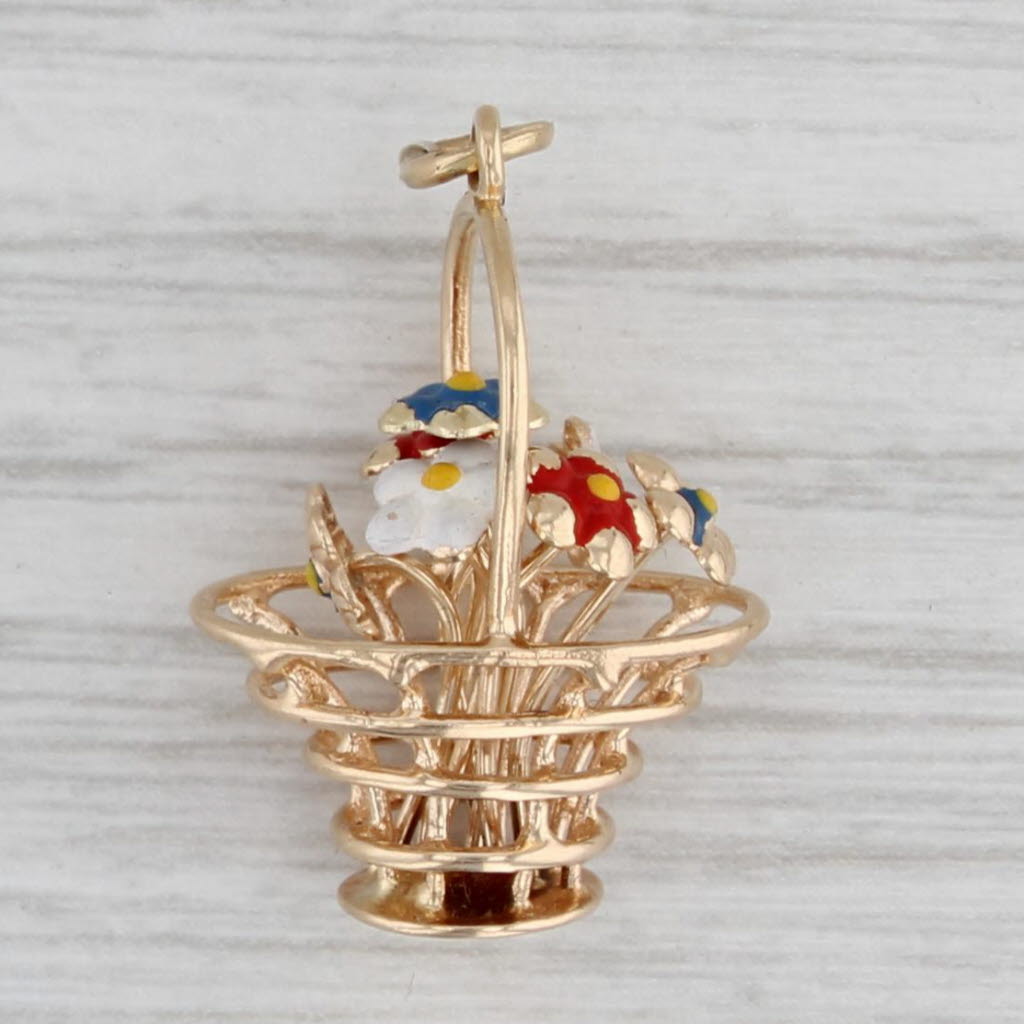 Gray Vintage Painted Flower Basket Charm 14k Yellow Gold Floral Pendant Germany
