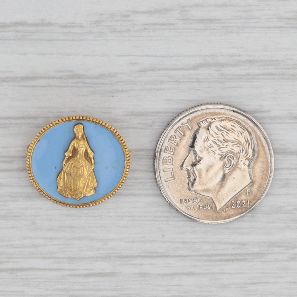 Gray Colonial Dames Pin 14k Gold Blue Enamel Figural Member Lapel