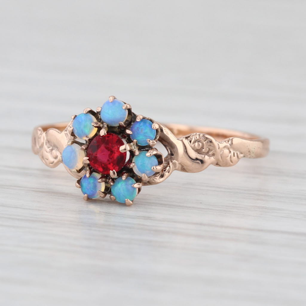 Victorian Antique Blue Opal Red Glass Flower Ring 14k Yellow Gold Size 8.5