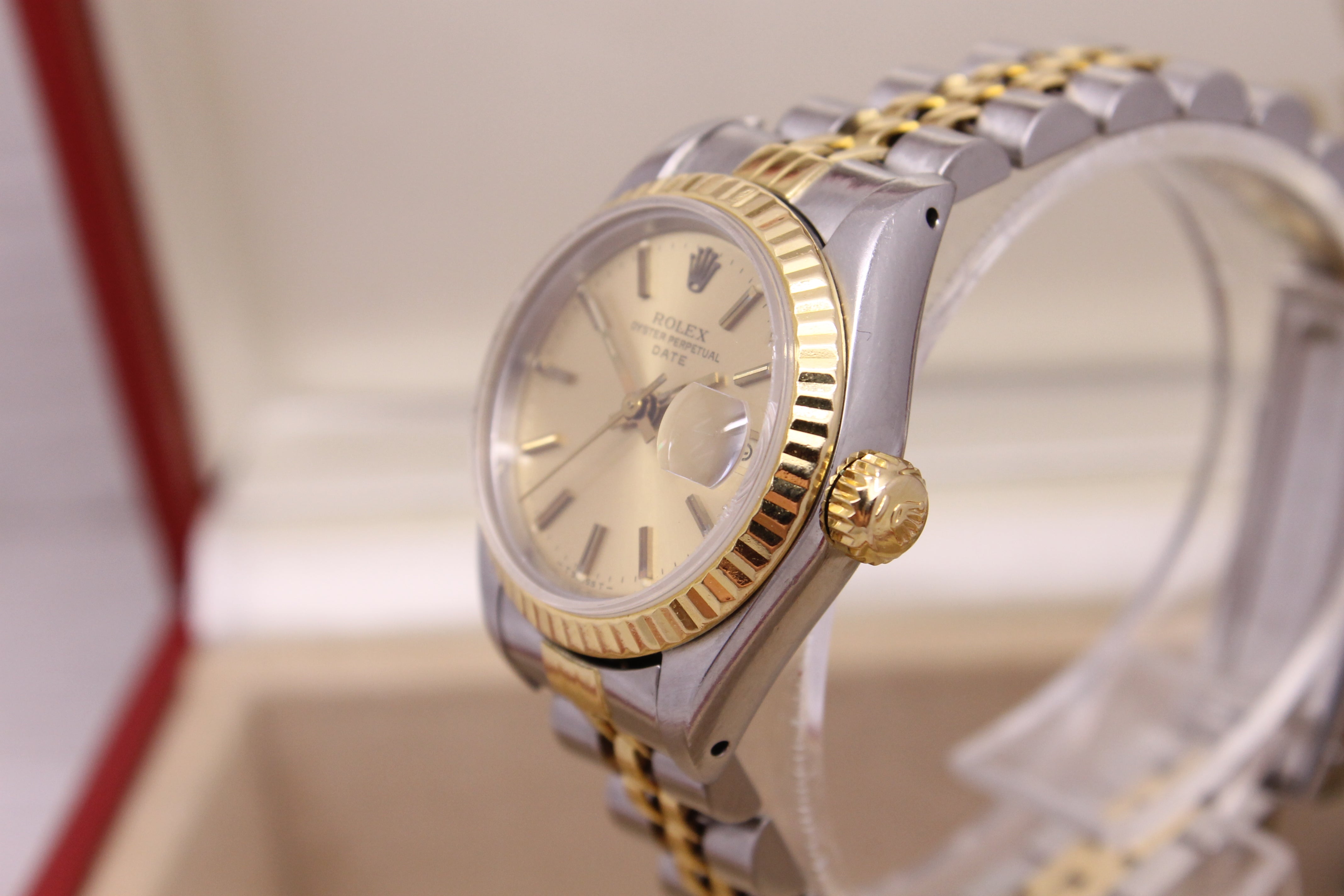 Rosy Brown Vintage 1984 Rolex Date 69173 Ladies SS 18k Automatic Watch Jubilee Box & Tag