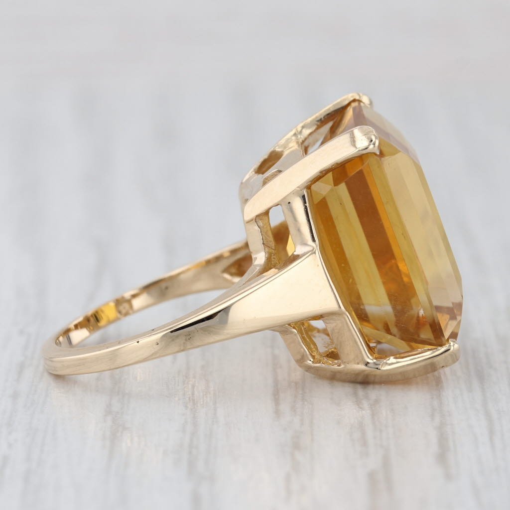 22.70ct Citrine Emerald Solitaire Ring 14k Yellow Gold Cocktail Size 6.5