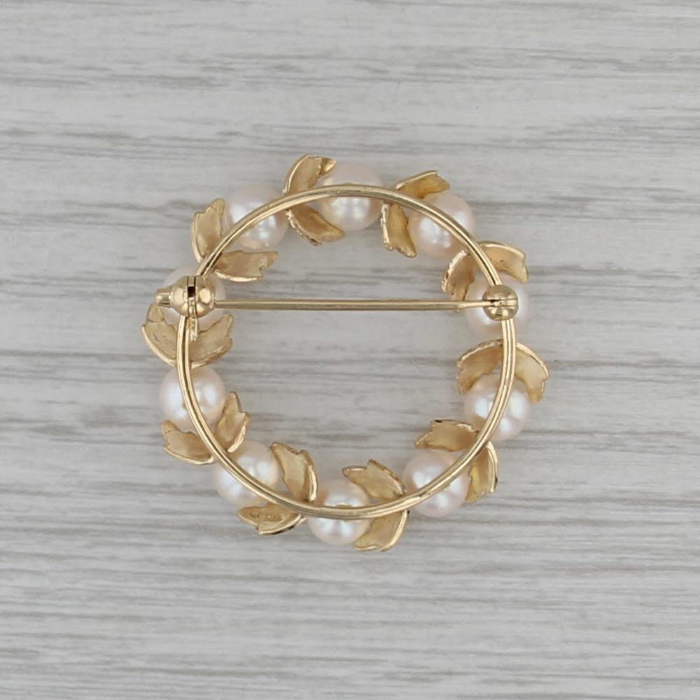 Mikimoto Cultured Pearl Wreath Brooch 14k Yellow Gold Floral Pin