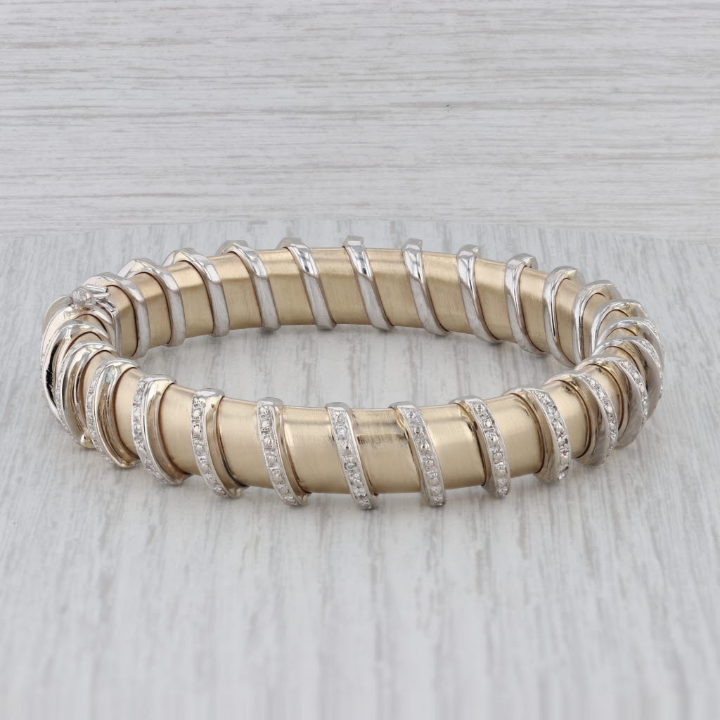 Gray 0.16 ctw Diamond 14K Yellow White Gold Flexible Hinged Bangle Bracelet