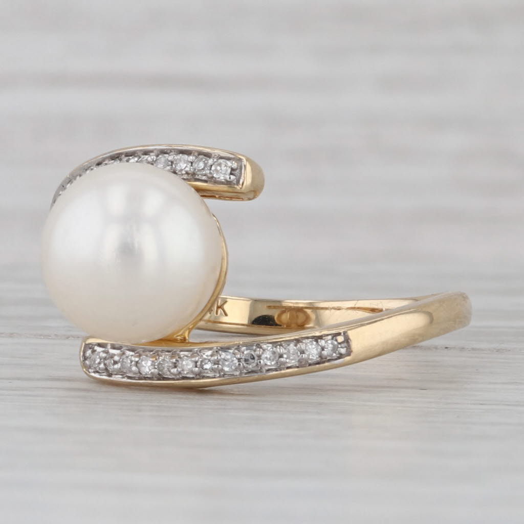 Cultured Pearl Diamond Bypass Ring 14k Yellow Gold Size 7
