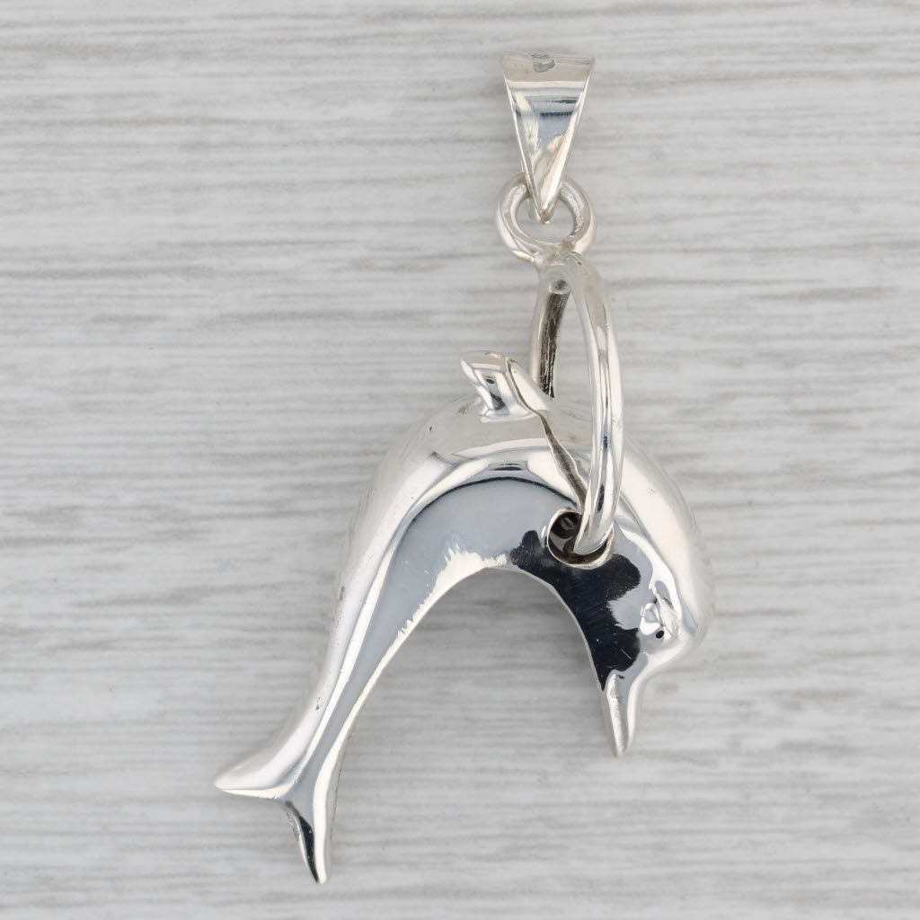 Gray Dolphin Through Hoop Statement Pendant Sterling Silver 3D Figural