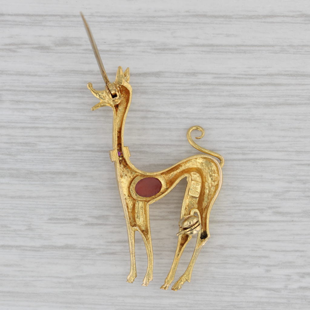 Gray Jeweled Deer Brooch 18k Yellow Gold Lab Created Ruby Glass Statement Pin