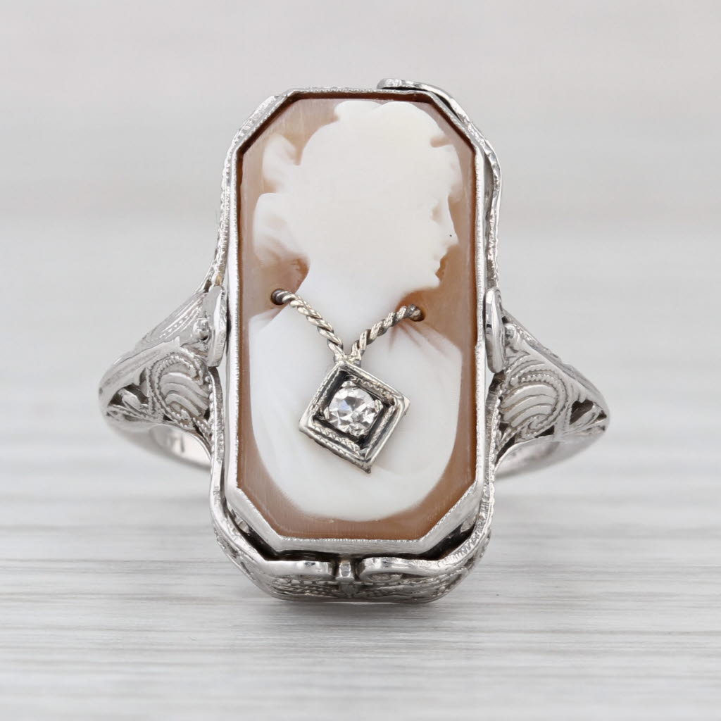 Vintage Carved Shell Cameo Diamond Onyx Signet Flip Ring 14k White Gold Size 5.5