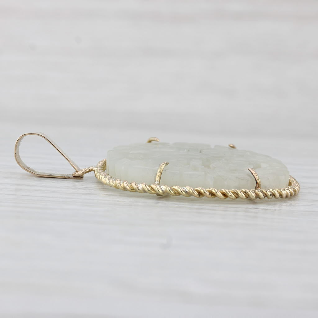 Light Gray Floral Carved Jadeite Jade Pendant 14k Yellow Gold Ornate Larged Flower Carving