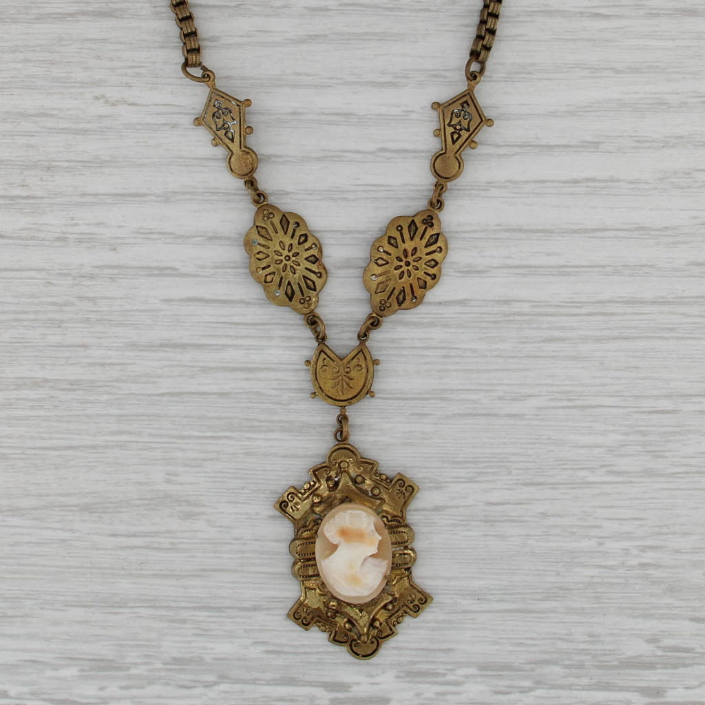 Antique Carved Shell Cameo Lavalier Pendant Necklace Gold Filled 16" Box Chain