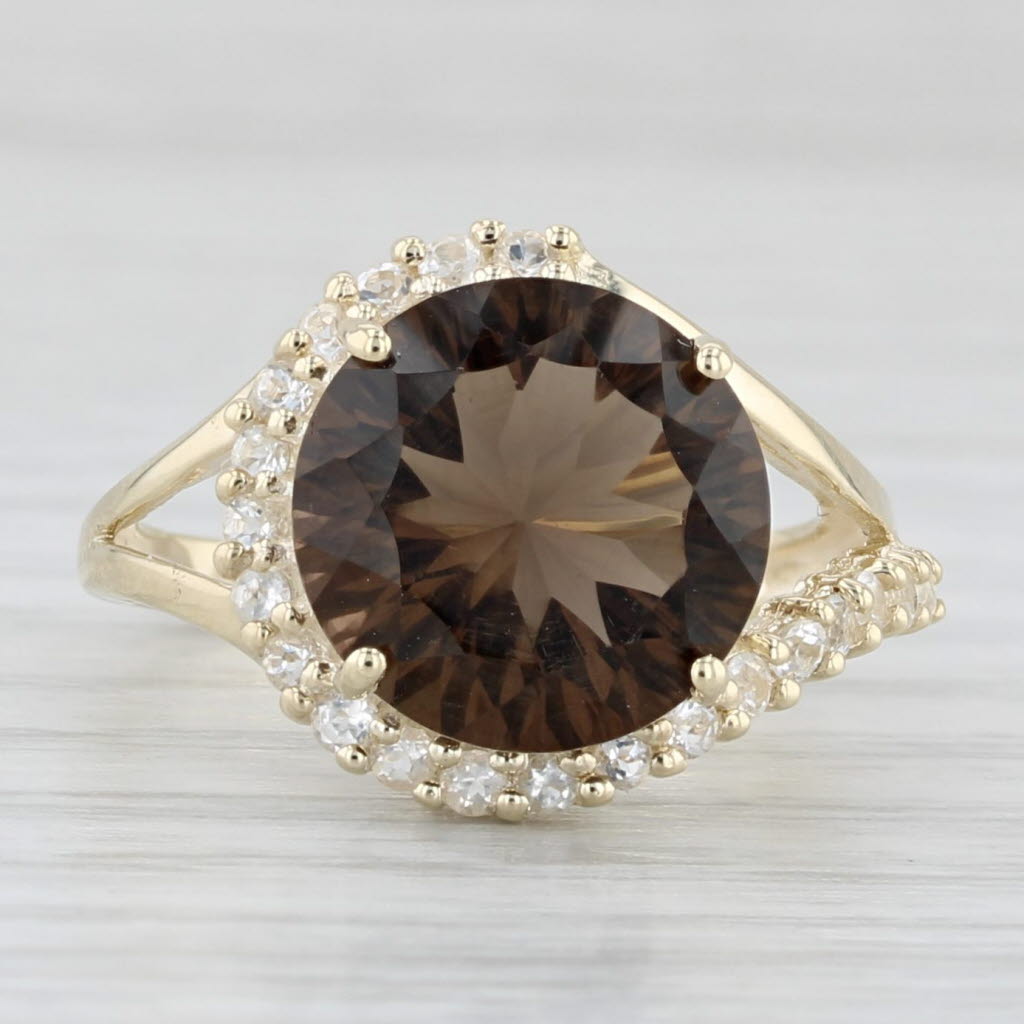 Light Gray 4.65ctw Smoky Quartz White Topaz Halo Ring 10k Yellow Gold Size 5.5