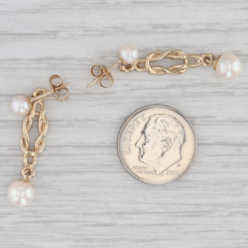 Light Gray Vintage Saltwater Cultured Pearl Dangle Earrings 9k Yellow Gold Knot Drops