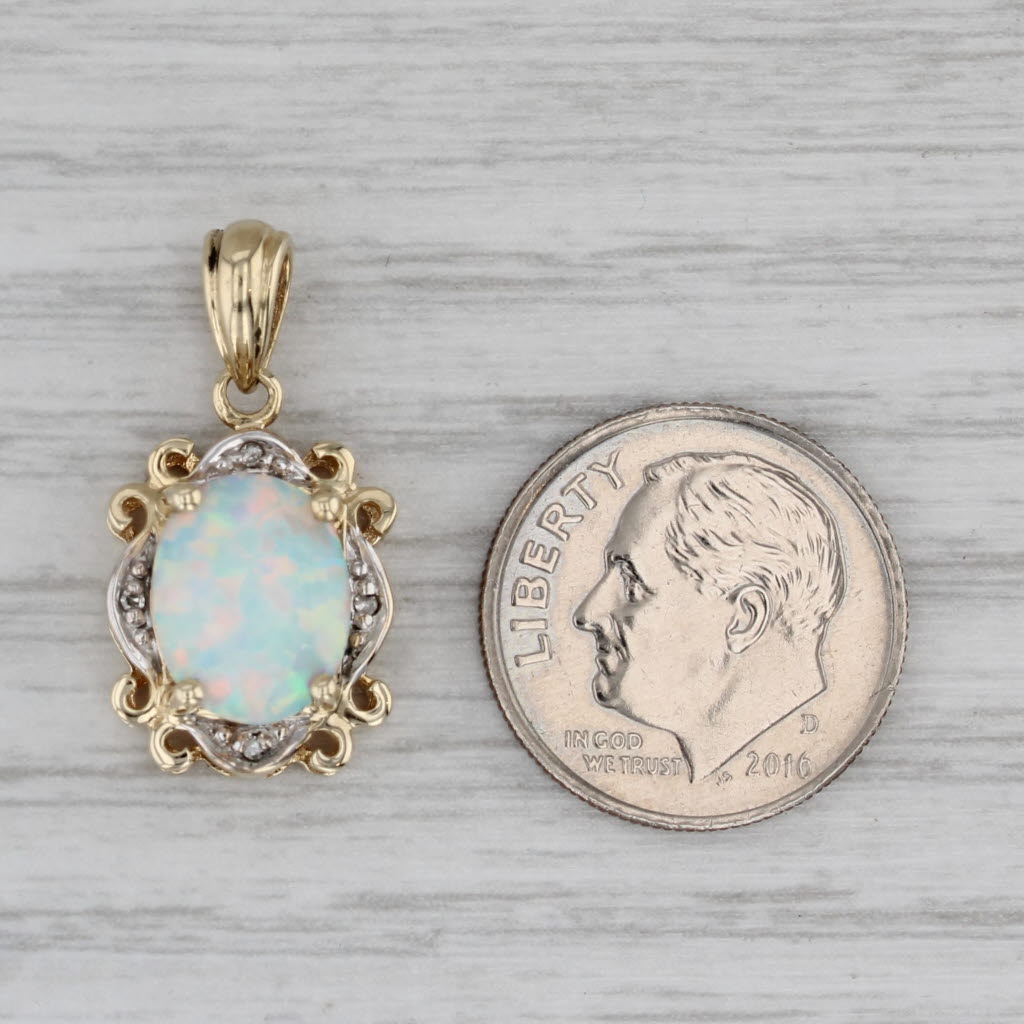 Gray Oval Lab Created Opal Diamond Pendant 10k Yellow Gold