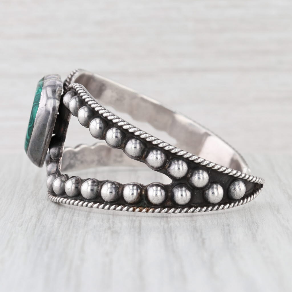 Vintage Southwestern Green Resin Heart Sterling Silver Cuff Bracelet