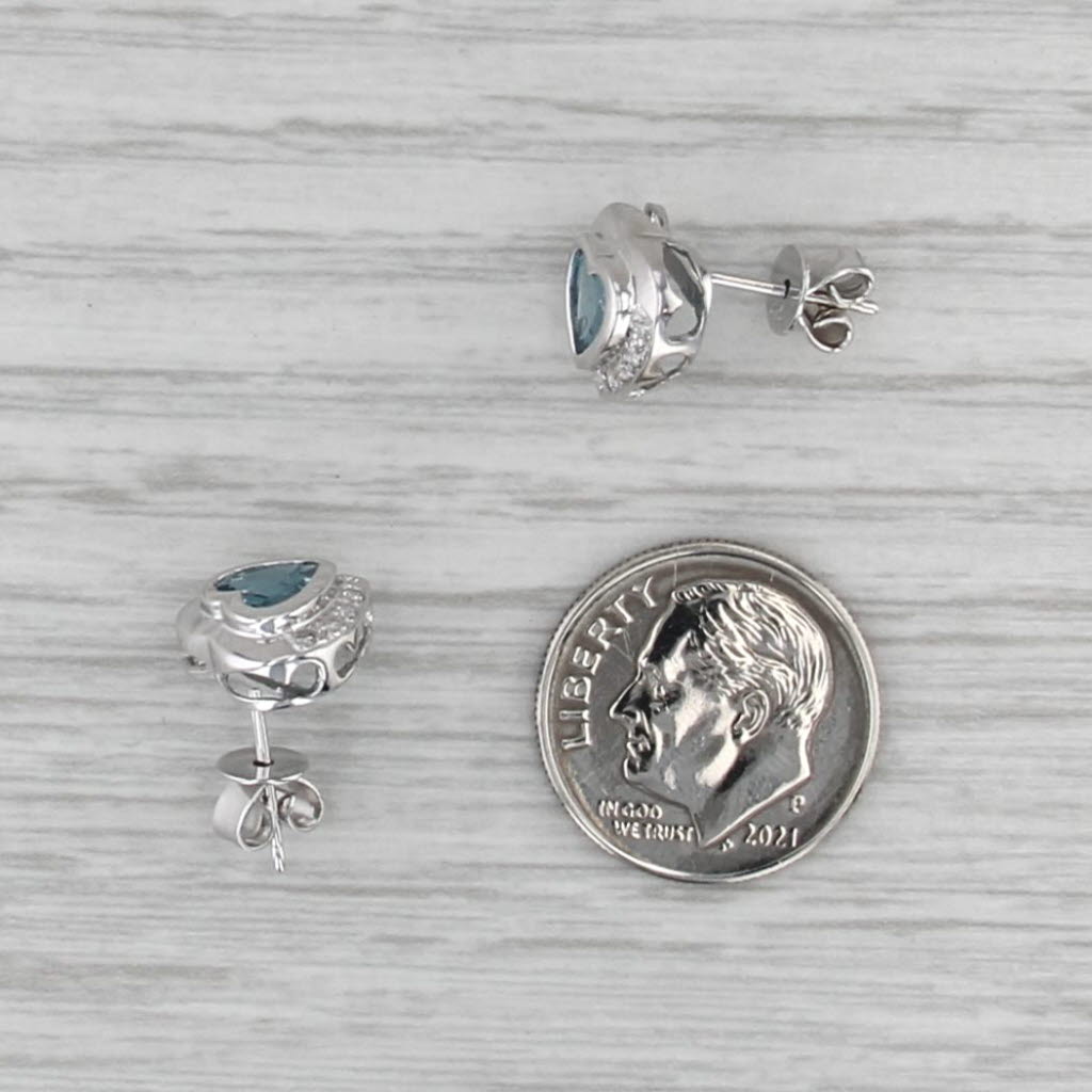 1.97ctw Blue Topaz Diamond Heart Stud Earrings 14k White Gold Studs