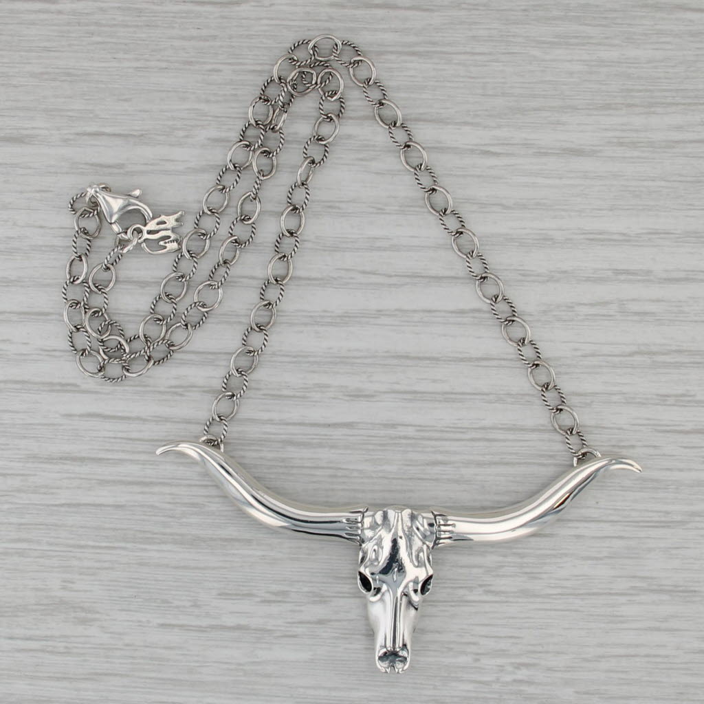 Southwestern Bull Skull Necklace Sterling Silver 16.75" Cable Cable Statement