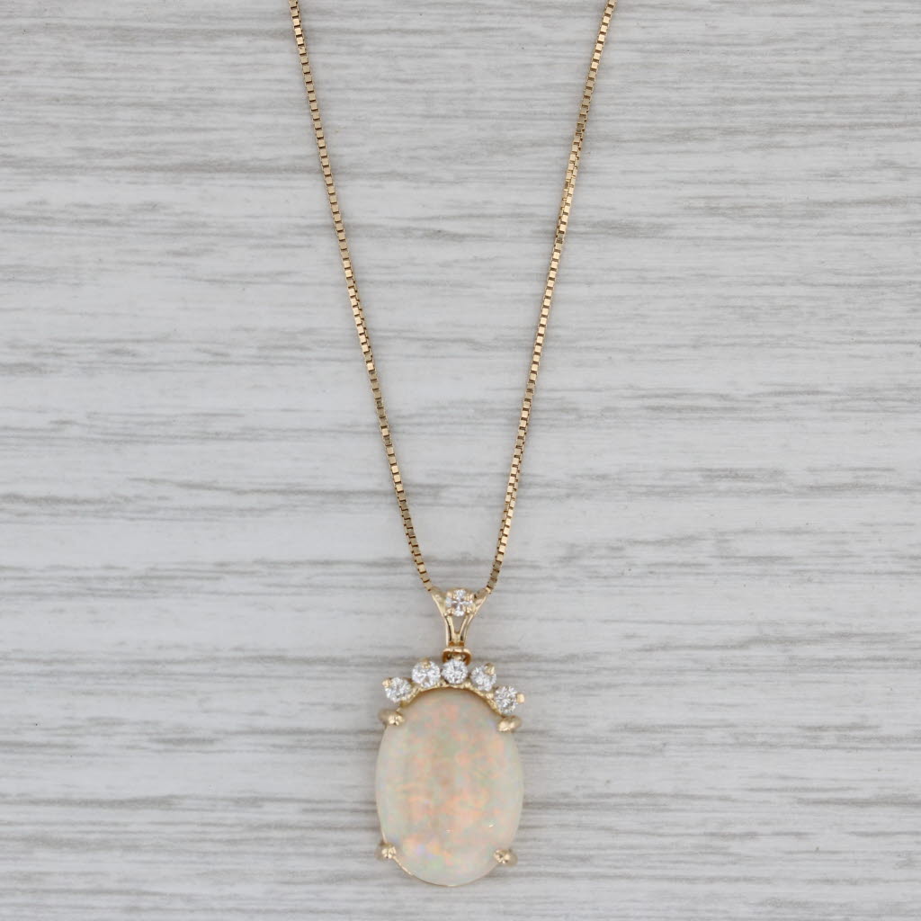 Gray Opal Oval Cabochon 0.20ctw Diamond Pendant 14k Yellow Gold 20" Box Chain