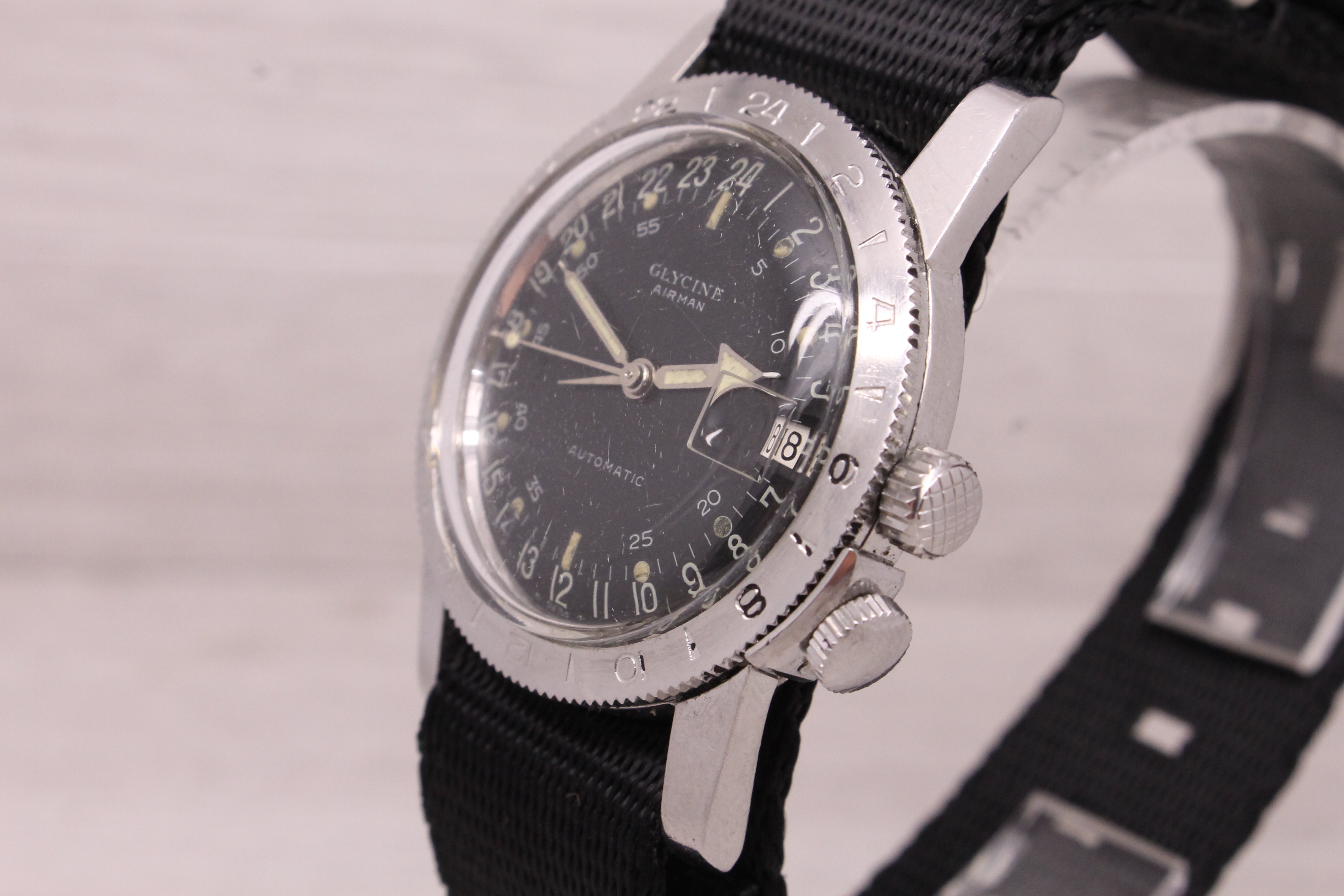 Gray Vintage 1960's Glycine Airman 36mm Steel Automatic 24 Hour Mens Watch