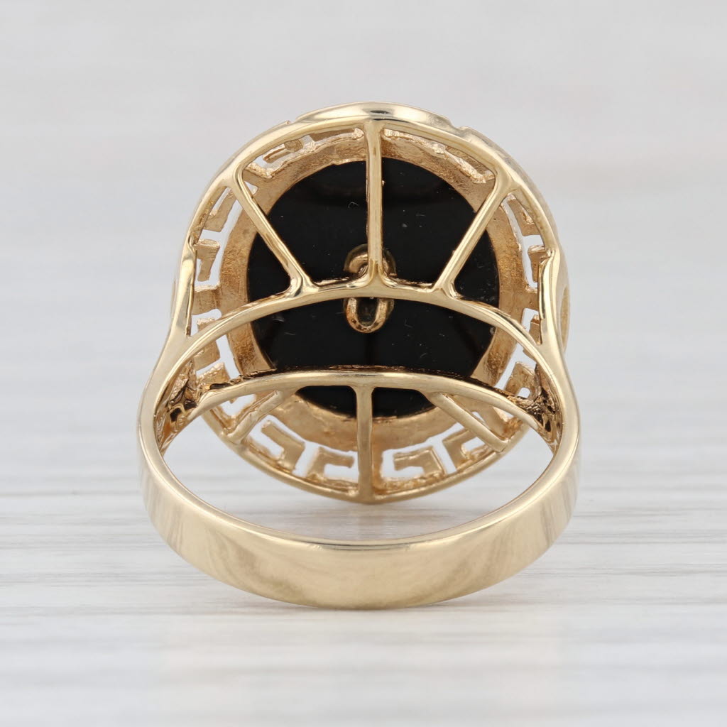 Longevity Shou Chinese Character Onyx Cabochon Ring 14k Yellow Gold Size 6.25